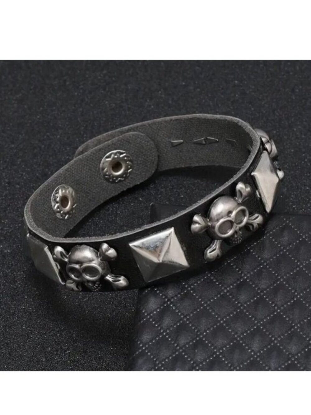 Skull Leather Bracelet Wrist Cuff Rock Edgy Goth Grunge Punk Rivet Crossbones